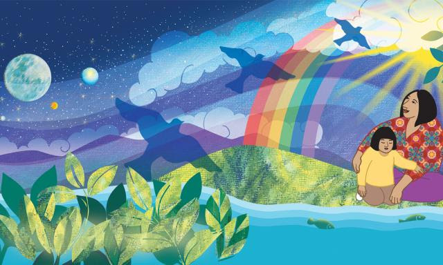 Graphic art piece showing a night sky, clouds, doves, a rainbow, a Mother and child by the water, green grass, mountains, leaves, and the sun.