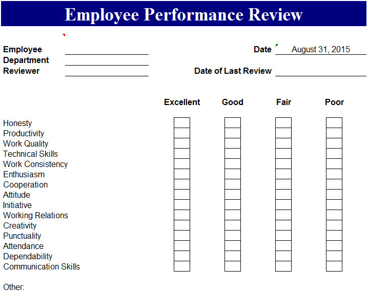 Productivity sheet for employees : Employee Performance Review Template My Excel Templates