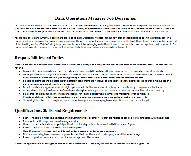 To increase the performance of their bank branches, bank managers perform a wide range of duties. Bank Operations Manager Job Description Mous Syusa
