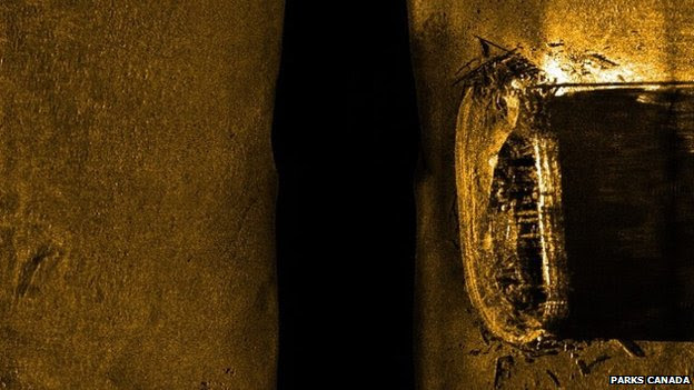 Sonar image of a ship on the northern Canadian sea bed