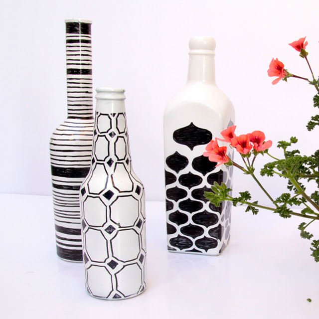 Painted Bottles With Geometric Pen Drawings 2