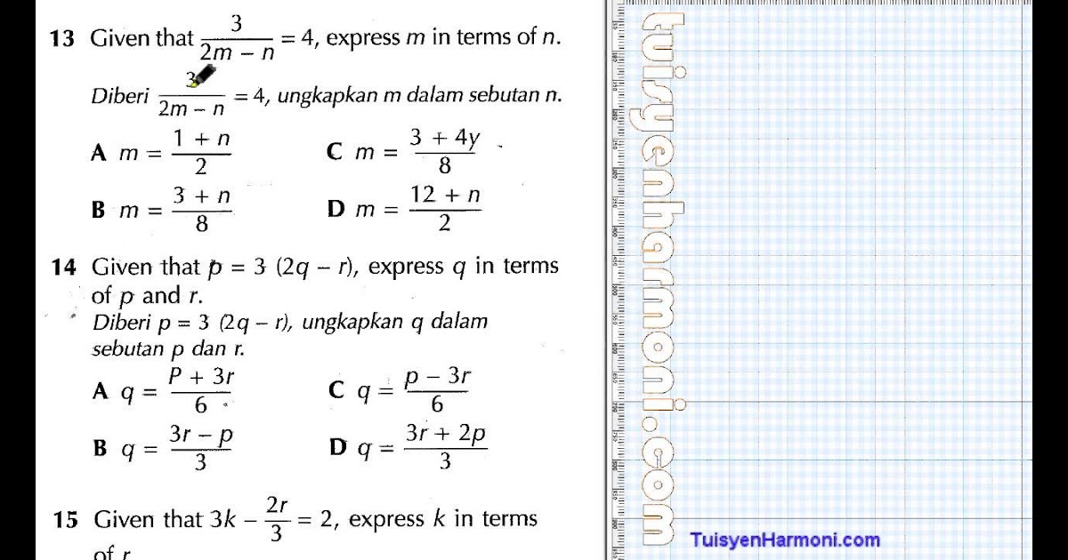 Soalan Latihan Rumus Algebra Tingkatan 3 - Terengganu n