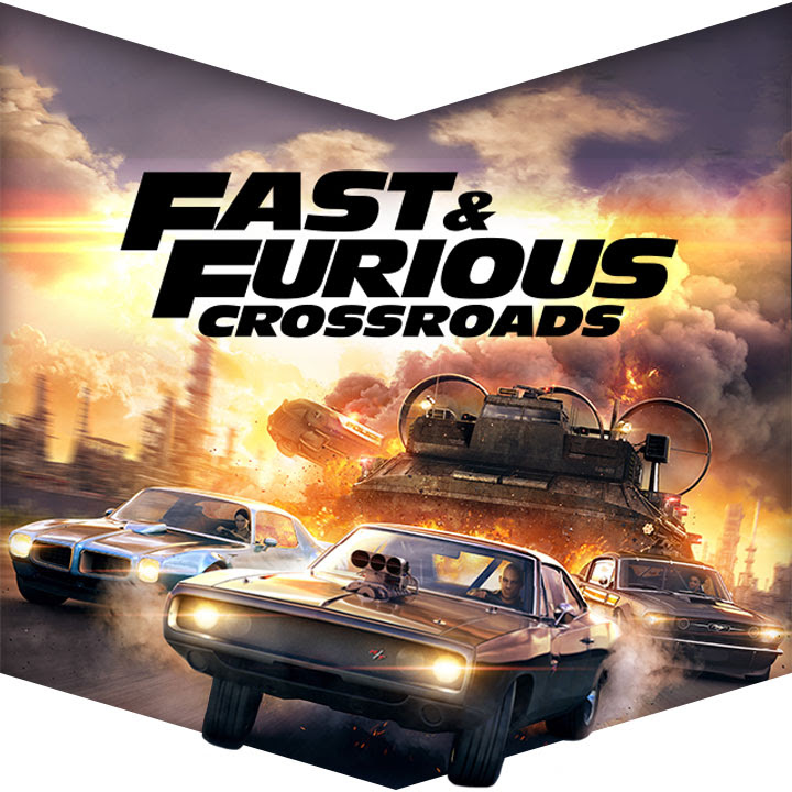 Key art for Fast & Furious Crossroads featuring classic American muscle cars being pursued by a hovercraft with a smoking police vehicle careening off the road behind it