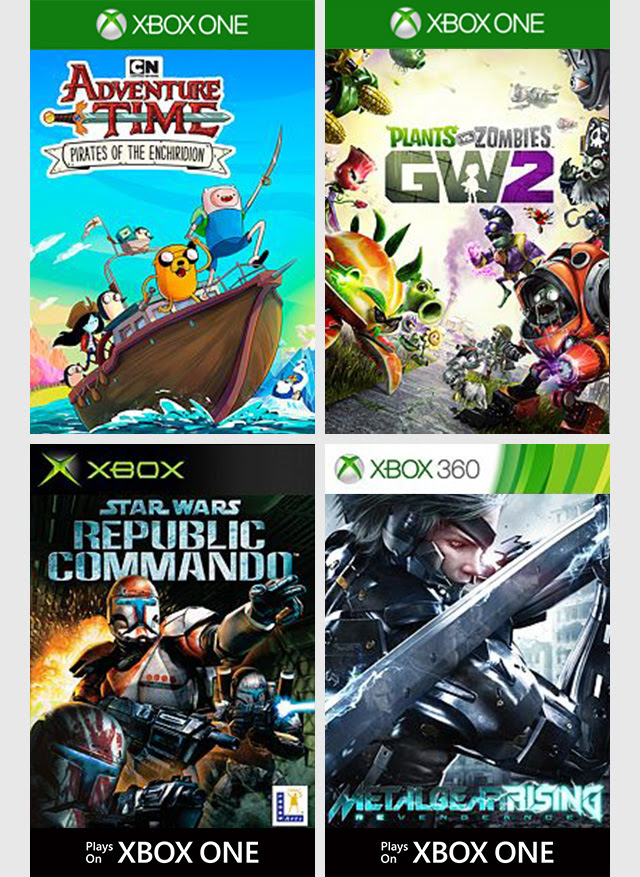 Plants vs. Zombies Garden Warfare 2, Adventure Time: Pirates of the Enchiridion, Star Wars Republic Commando, Metal Gear Rising Revengeance game boxes.