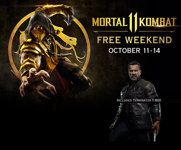 Scorpion reaches forward with his spear poised to attack in his back hand with the text “MORTAL KOMBAT 11 FREE WEEKEND OCTOBER 11 – 14” next to him. A render of the T-800 DLC character stands in the bottom corner behind the text “INCLUDES TERMINATOR T-800.”