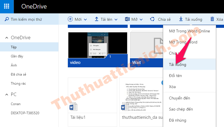 Nhấn chuột phải vào file Word trong OneDrive chọn Tải xuống