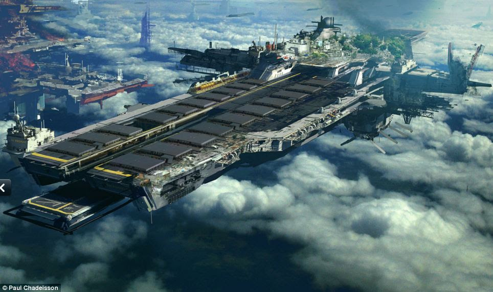 Cities in the sky: Vast prisons and giant airships or modes of transport paint a foreboding vision of the future. Here, a massive ship hovers foreboding above the clouds. Complete with frees and buildings, it is almost like a miniature city