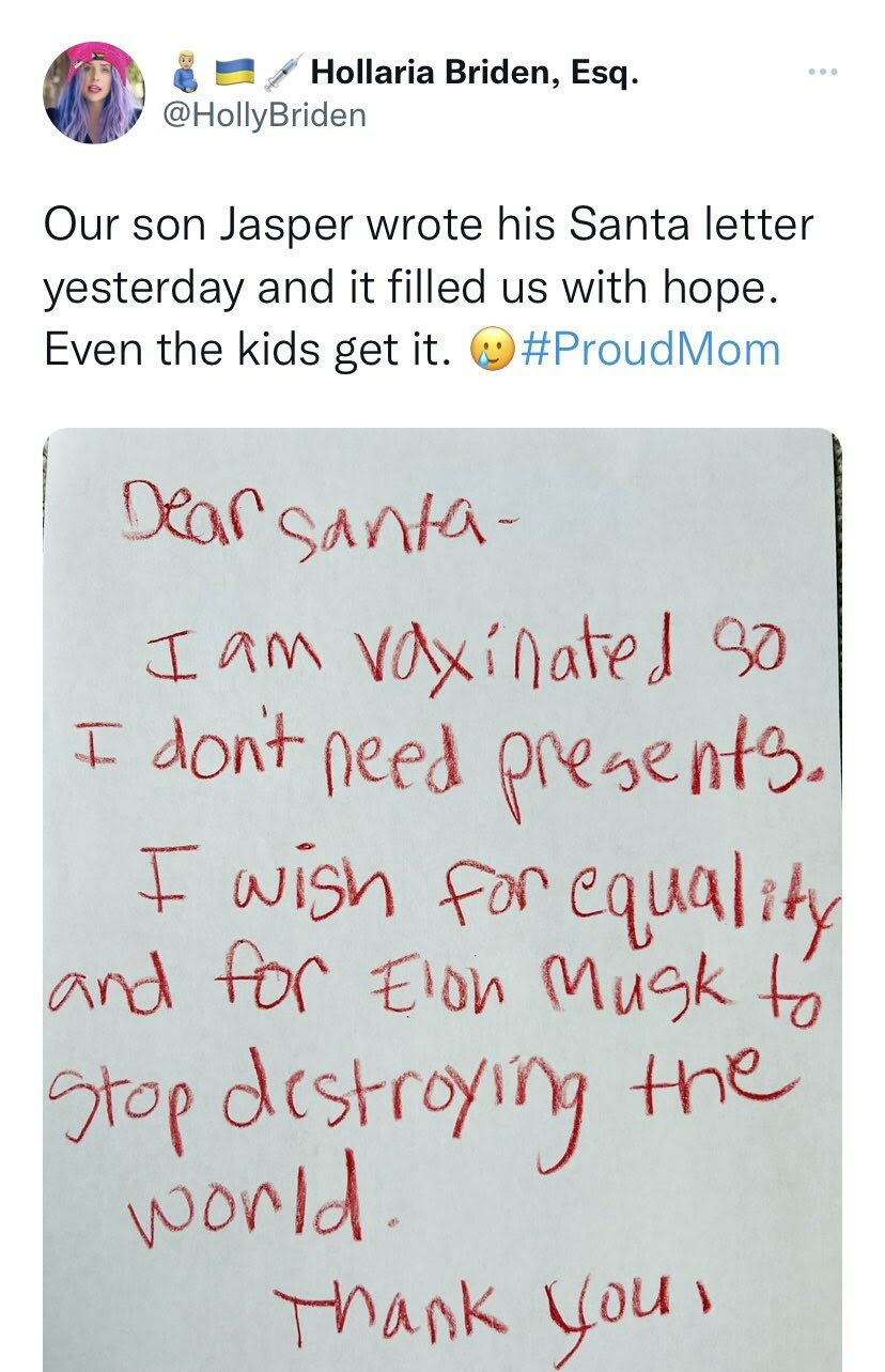A sick tweet where a proud mom shows off her boy's note to Santa telling Santa he does not need presents because he got the Vax.