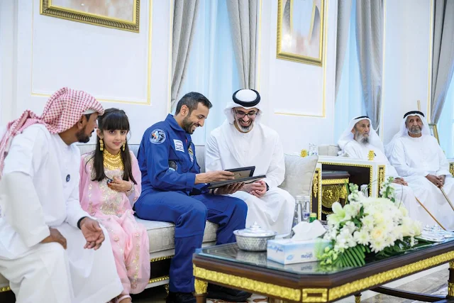 ​Branded Images14 Al Ain His Highness Sheikh Khaled bin Mohamed bin Zayed Al Nahyan, Crown Prince of Abu Dhabi and Chairman of the Abu Dhabi Executive Council, has attended a reception at Saif Muftah Al Neyadi’s house in the Umm Ghafa area of Al Ain to celebrate the return of Al Neyadi’s son, the UAE astronaut Sultan Al Neyadi, from his six-month mission to space. His Highness congratulated Sultan Al Neyadi and other members of the family on the success of the historic mission, highlighting how the achievement marks a proud moment for the UAE leadership, government and people, and represents a great leap for the nation.  His Highness also commended the work of the Mohammed bin Rashid Space Centre in planning the mission and ensuring its success, and discussed how the UAE continues to contribute to space exploration by supporting advanced scientific research and experiments in order to find solutions to challenges in space science and technology.  HH said: “Our youth has the potential to harness the opportunities and use its creativity to achieve excellence. Their confidence and commitment has now been proven in space and in advanced technology. They serve as an inspiration for more young Emiratis to venture forward and create history.”  HH added: “Sultan Al Neyadi and the team have proved to be inspiring models for the UAE’s ambitious youth. Their example will help further accelerate the UAE’s efforts to grow its presence in the space sector.”  Branded Images  Branded Images10     Branded Images12     Branded Images14     Branded Images15        Branded Images17     Branded Images22     Branded Images23     Branded Images24     Branded Images4     Branded Images6     Branded Images7     Branded Images8