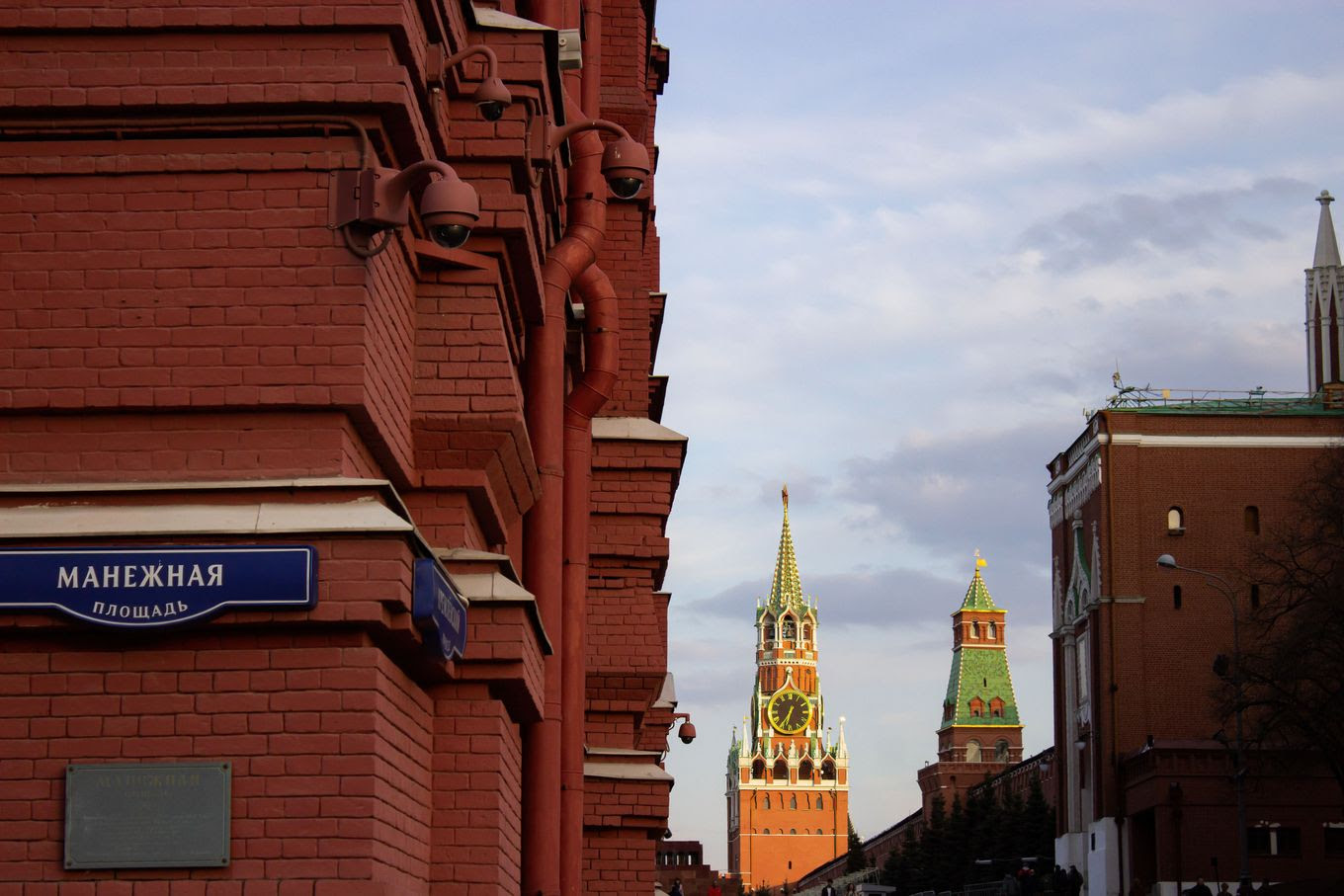 Surveillance cameras on a wall of the State Historical Museum near Red Square in Moscow in April. (Vlad Karkov/SOPA Images/LightRocket/Getty Images)