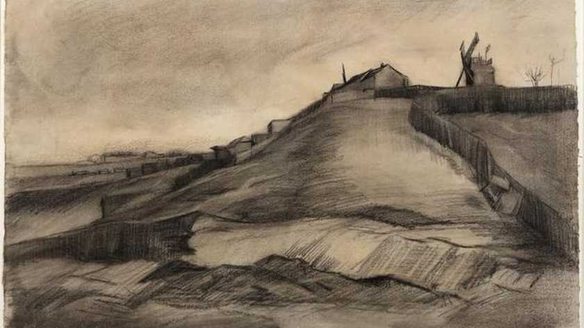 De nieuw ontdekte tekening: De heuvel van Montmartre met steengroeve, gedateerd maart 1886.