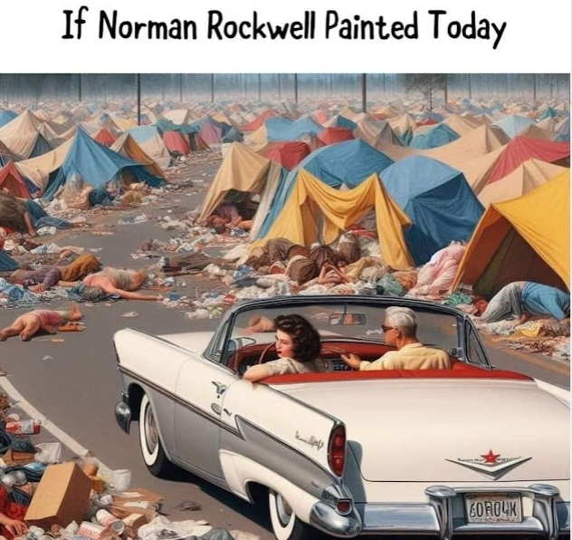 Mock Normal Rockwell painting depicting homeless emcampment.