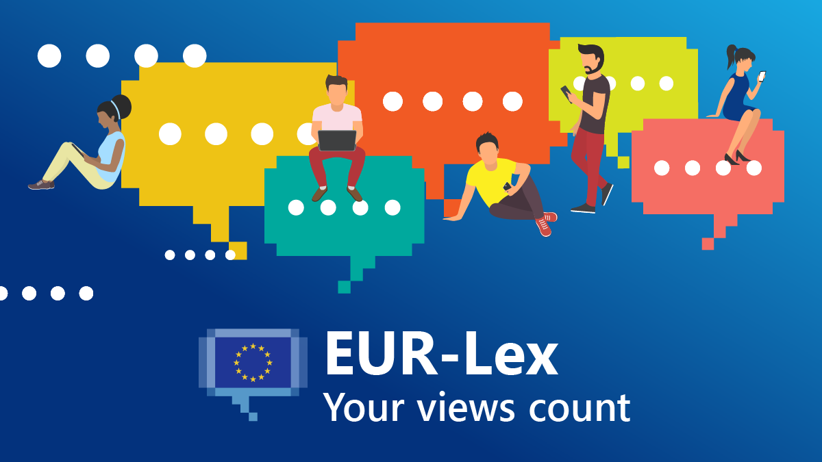 An animated image showing people, invites to take the EUR-Lex survey - Your views count