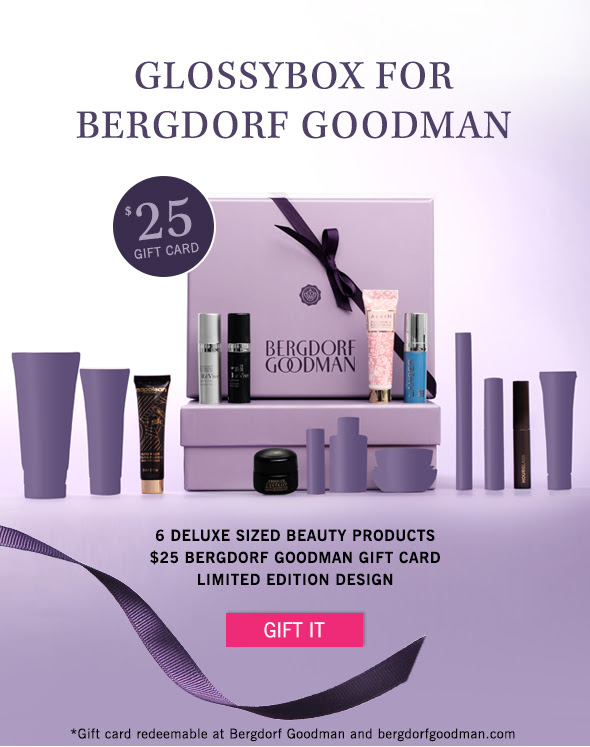 GLOSSYBOX for Bergdorf Goodman  +limited edition design +6 deluxe sample sized beauty products +$25 gift card, redeemable at Bergdorf Goodman and bergdorfgoodman.com  With 13 different brands included, this month’s box is not one you’d want to miss.  Below is a sneak peek at some of the products you may receive in your box.  >> Gift it  Button Link: