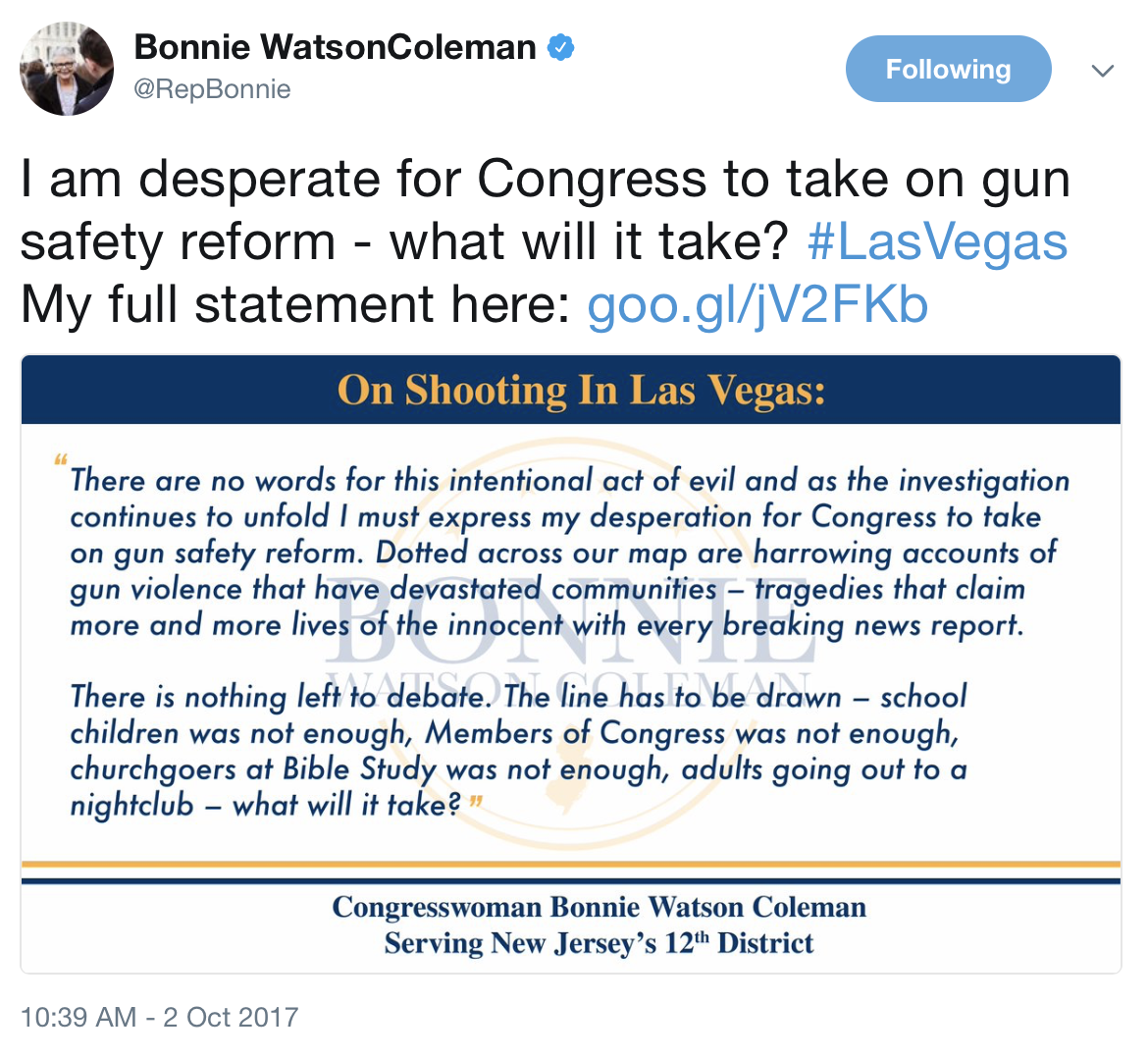 Turn on images to see Rep. Bonnie Watson Coleman's Tweet about the Las Vegas shooting.