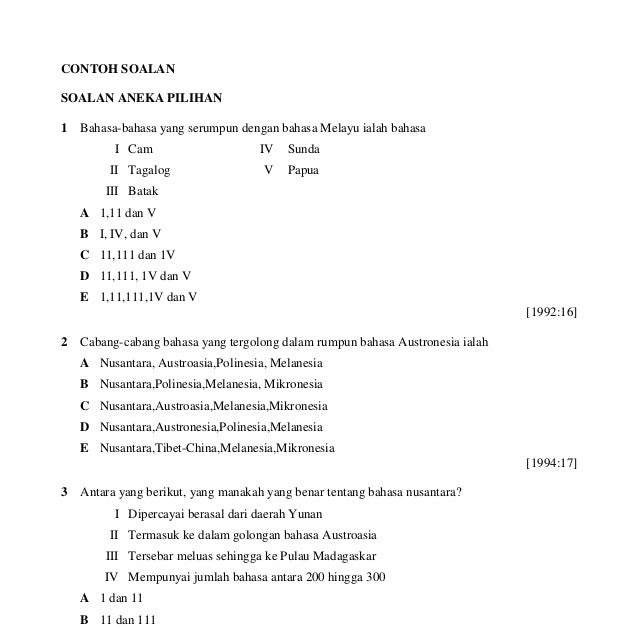 Contoh Soalan Aneka Pilihan Bahasa Melayu Tingkatan 3 