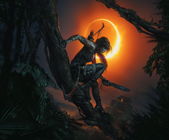 Laura Croft crouching down in front of a solar eclipse.