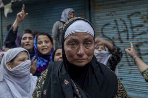 Abida Malik, sister of the imprisoned chairman of the Jammu Kashmir Liberation Front, Yasin Malik, during a protest in Indian-controlled Kashmir against the alleged denial of medical treatment for her brother.