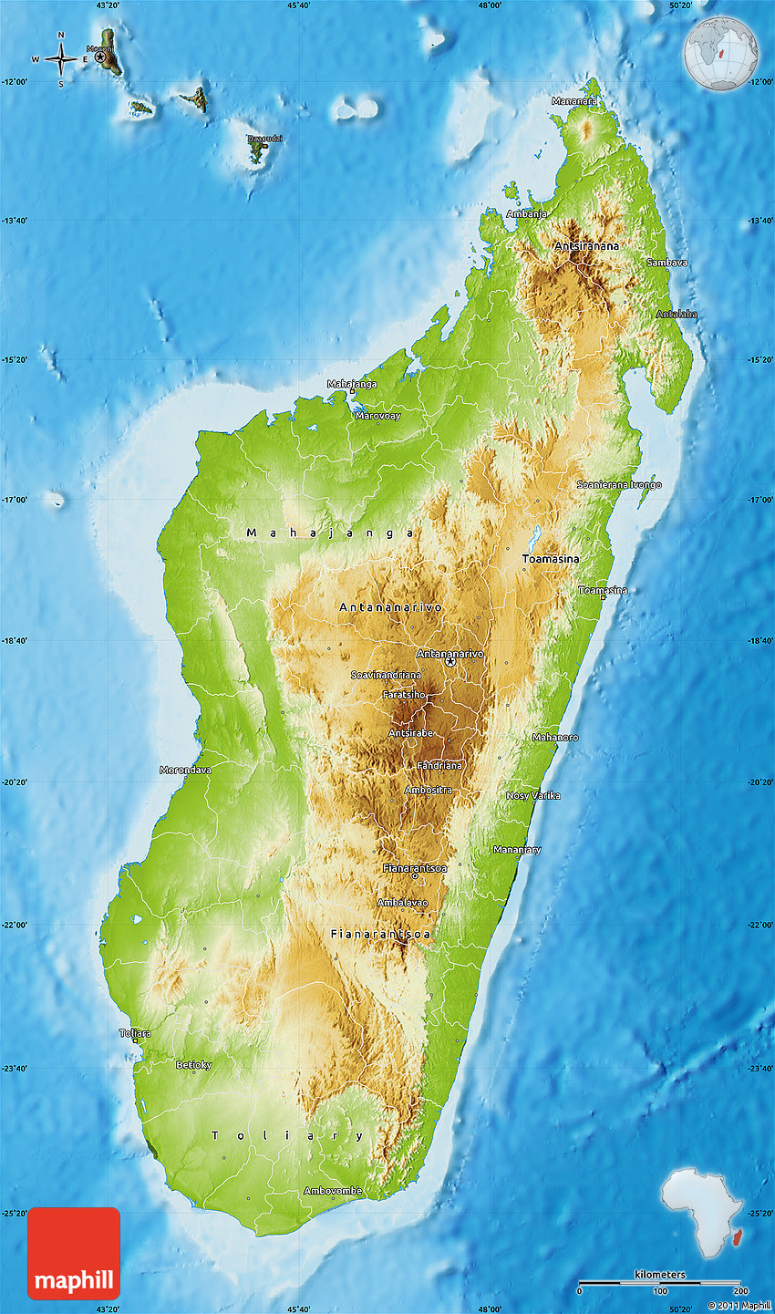 The lemurs and chameleons as well as the fantastic madagascar. Physical Map Of Madagascar Darken Land Only