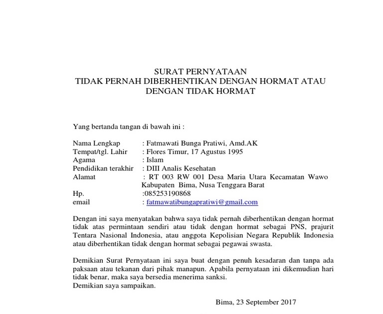 Contoh Surat Pernyataan Tidak Pernah Diberhentikan Secara Tidak Hormat Kumpulan Surat Penting