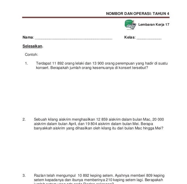 Contoh Soalan Penyelesaian Masalah Matematik Tahun 6 