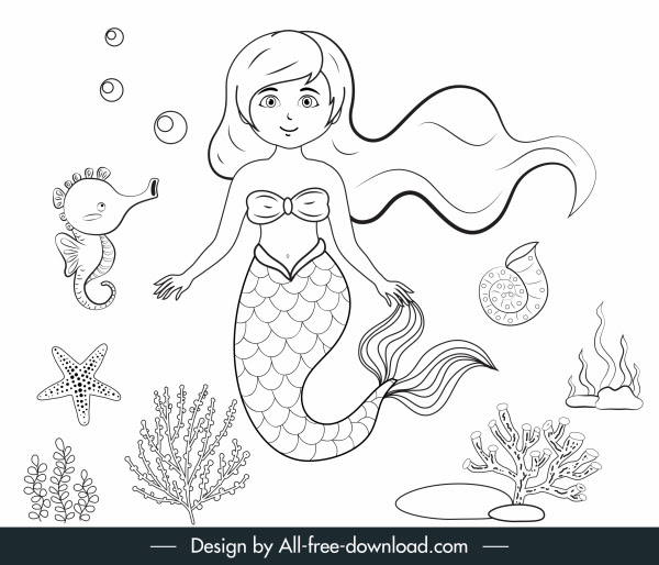 Tokoh kartun yang beragam merupakan favorit. Marchen Meerjungfrau Malerei Schwarz Weiss Handgezeichnete Cartoon Vektor Cartoon Kostenlose Vector Kostenloser Download