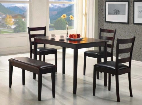 5pc Dining Table Chairs Bench Set Cappuccino Finish Snivuke
