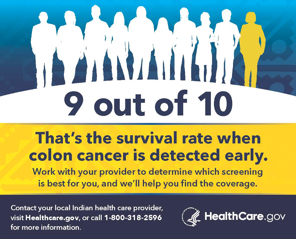 The March PSA features a graphic highlighting 9 out of 10 people. The PSA reads: '9 out of 10. That's the survival rate when colon cancer is detected early. Work with your provider to determine which screening is best for you, and we'll help you find the coverage. Contact your local Indian health care provider, visit Healthcare.gov, or call 1-800-318-2596 for more information.'