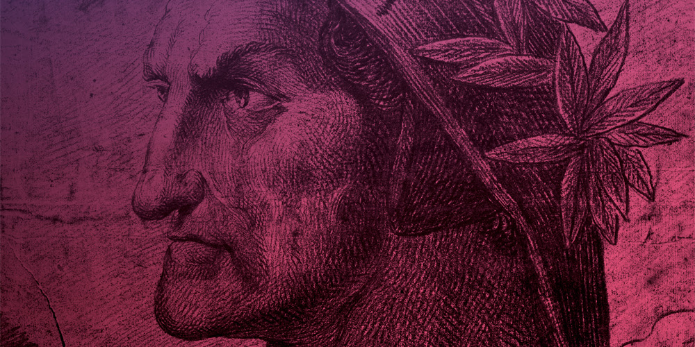 Pink tinted image of an etching of the face and profile of the poet Dante