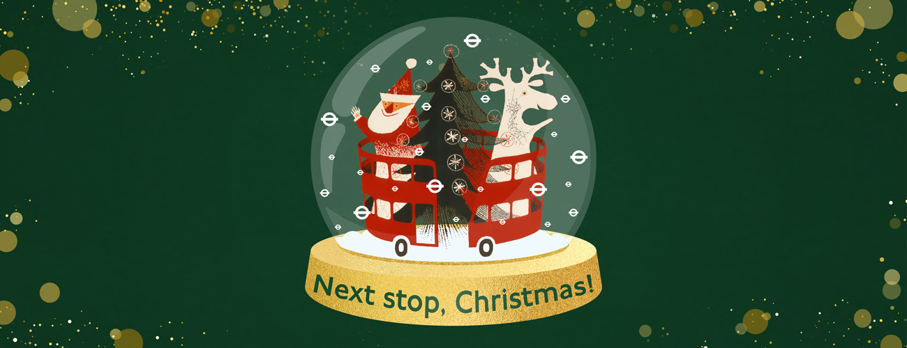 Santa and reindeer with Christmas trees and buses in a snow globe, with the message Next stop Christmas