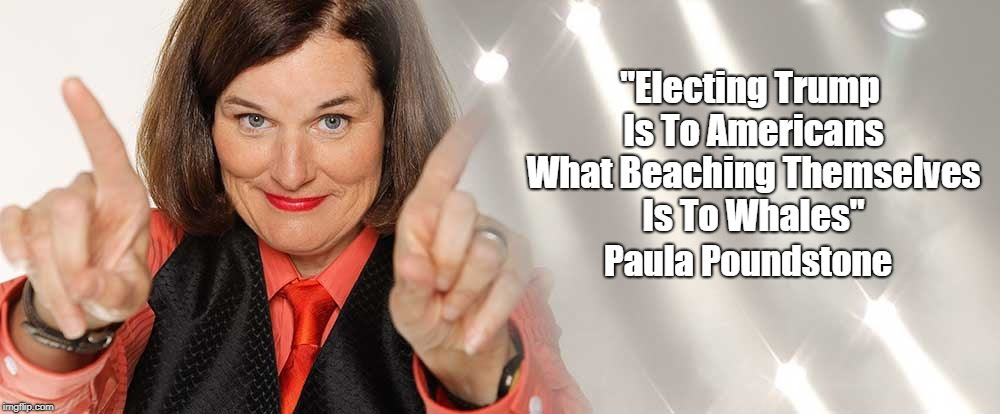 Paula Poundstone Nails Trump's Election | "Electing Trump Is To Americans What Beaching Themselves Is To Whales" Paula Poundstone | image tagged in paula poundstone,deplorable donald,despicable donald,devious donald,dishonorable donald,dishonest donald | made w/ Imgflip meme maker