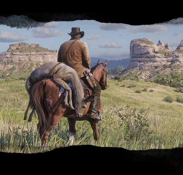 Cowboy faces vast landscape with rocky terrain. A donkey is laid over the back of the horse.