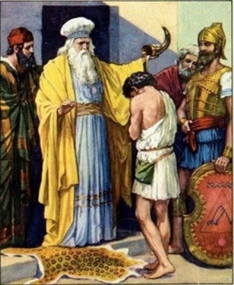 El rey David es ungido con aceite de oliva.