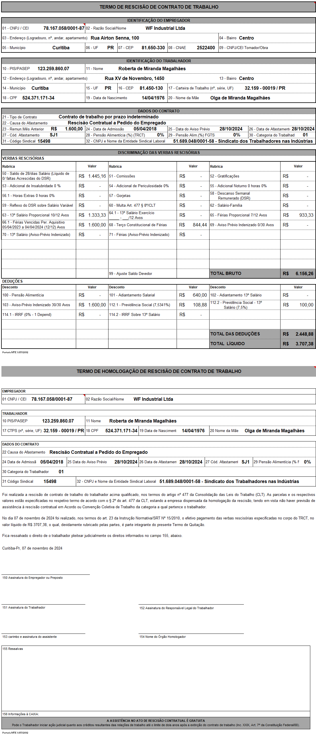 TERMO DE RESCISÃO DE CONTRATO DE TRABALHO