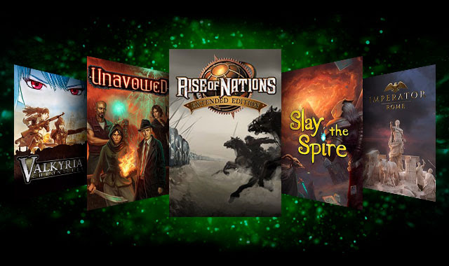 Box art for five titles, left to right: Valkyria Chronicles, Unavowed, Rise of Nations: Extended Edition, Slay the Spire, and Imperator: Rome.