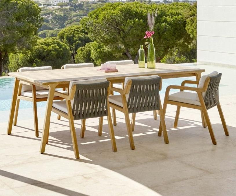 This patio, porch or garden rectangular dining table has a center cutout at center for an umbrella and 6 armchairs. Modern Teak Garden Dining Set With 2 4m Or 3m Long Tables For 6 8 10 Or 12 Chairs