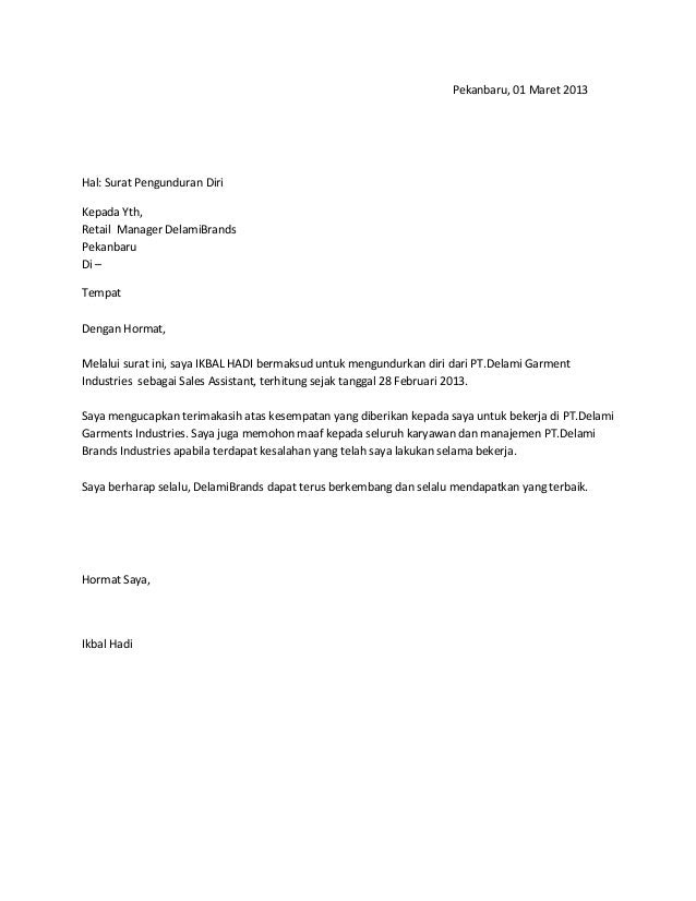Contoh Surat Pengunduran Diri Kerja Yang Sopan - Gambar Con