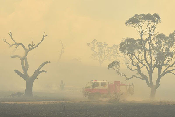 A fire engine surrounded by bush-fire smoke