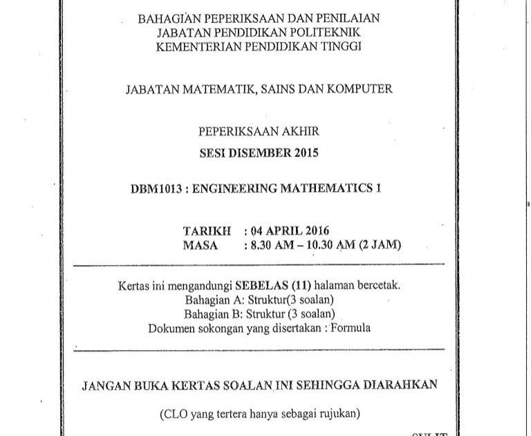 Contoh Soalan Final Exam Politeknik Pengajian Malaysia 