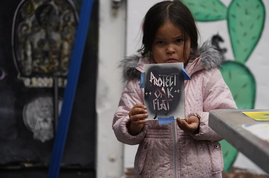 Apache Stronghold member Raetana Manny, 4, shows a sign to save Oak Flat.