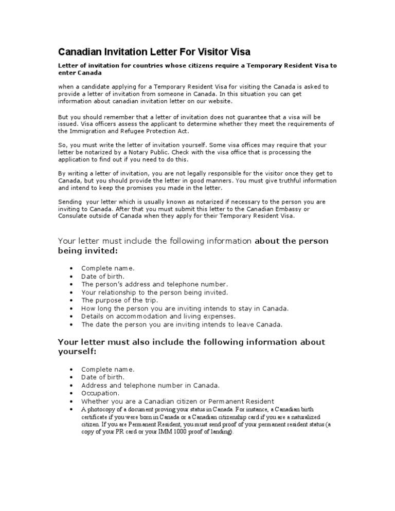 Invitation Letter For Visa Canada - Letter