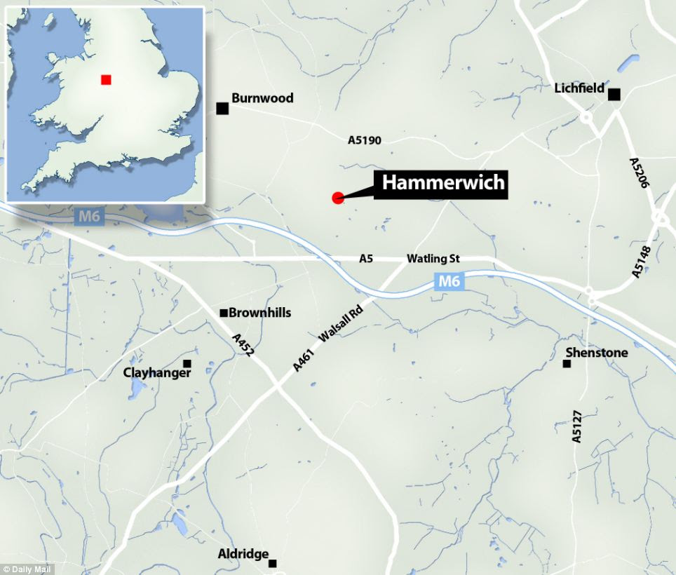 The hoard was discovered near the village of Hammerwich (pictured) in a farmer's field next to the A5 in July 2009 by treasure hunter Terry Herbert using his metal detector. A second batch was found nearby in November 2012