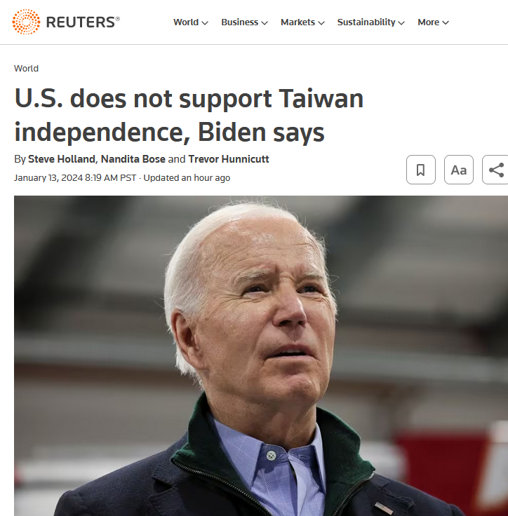 Screenshot of Joe Biden Headline saying he will not support Taiwan.