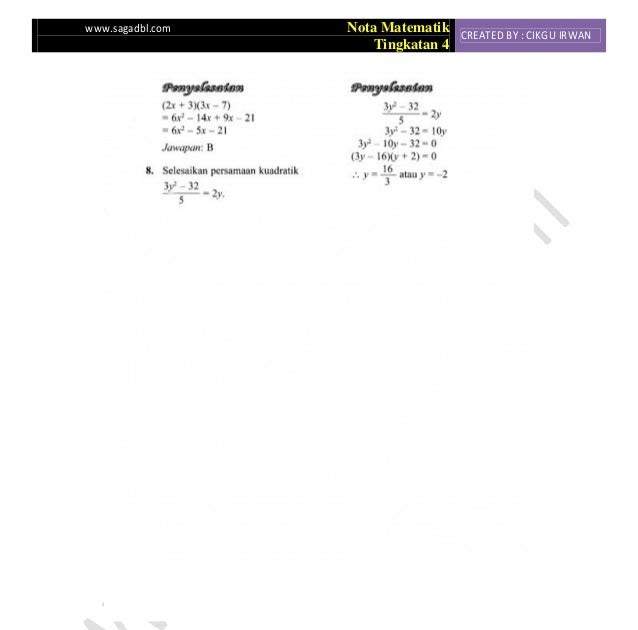 Soalan Matematik Tingkatan 2 Persamaan Linear - Selangor s