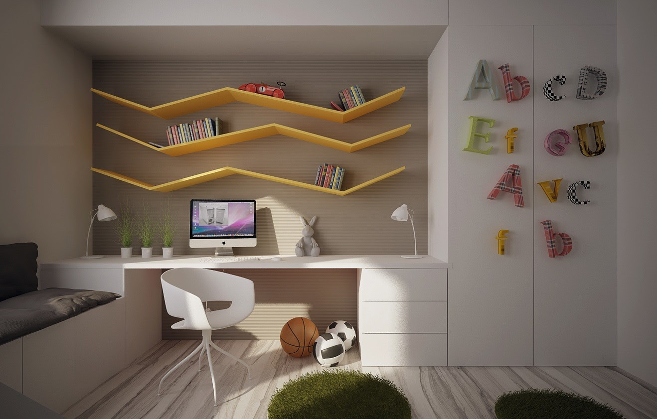 Living room wall system with stord age units plan 12, with cabinets with drop down door. 12 Kids Bedrooms With Cool Built Ins