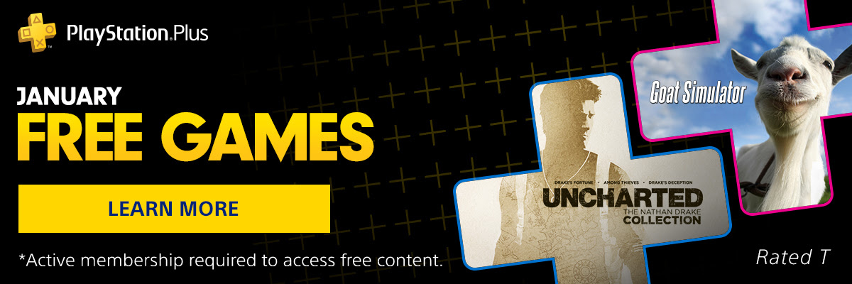 PlayStation Plus JANUARY FREE GAMES, LEARN MORE, *Active membership required to access free content. RATED T