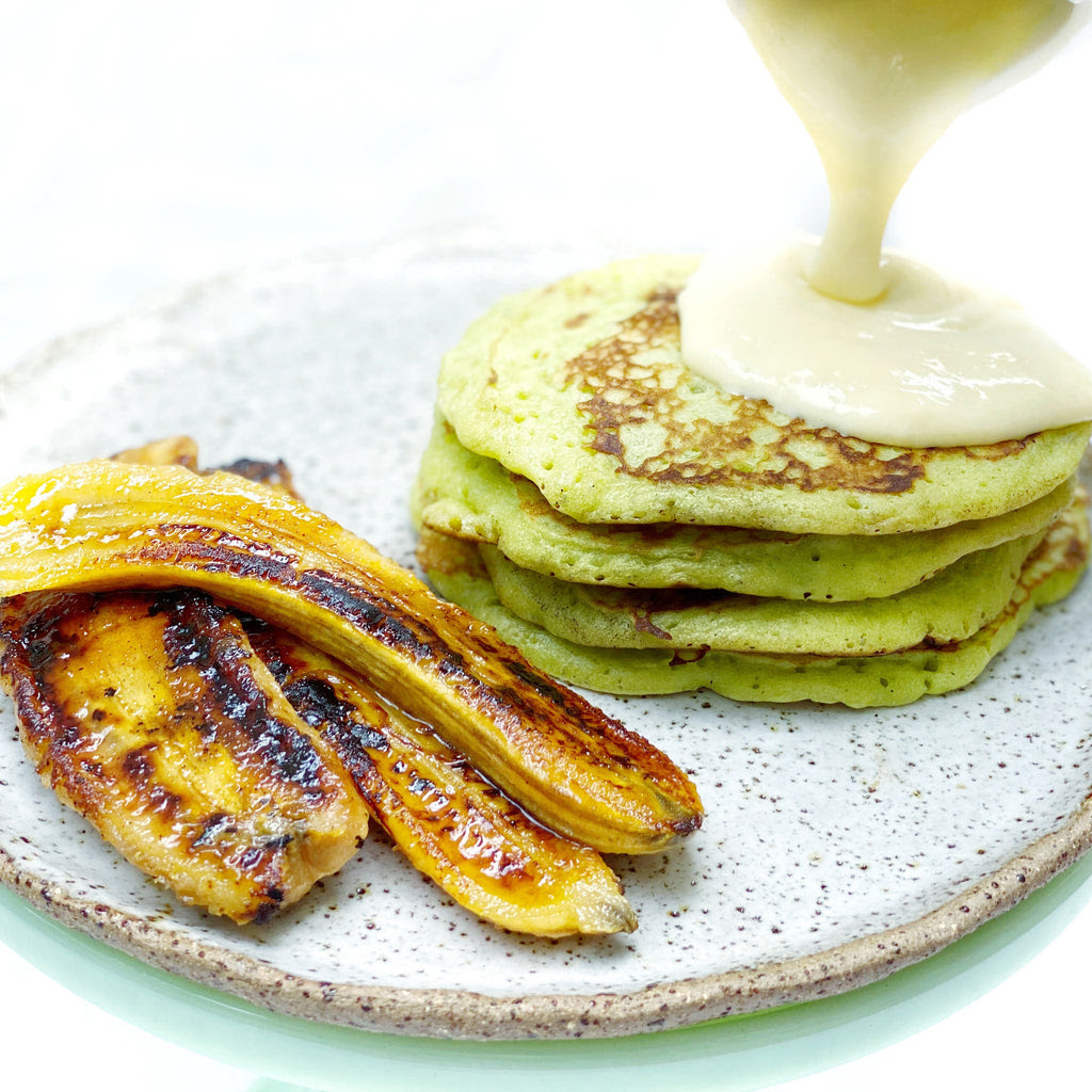 Your pandan pancakes stock images are ready. Pandan Pancakes With Gula Melaka Caramelised Bananas Kaya Custard Beli