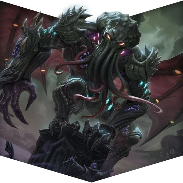 SMITE key art featuring rune-inscribed Cthulhu mounting an obelisk in a menacing stance