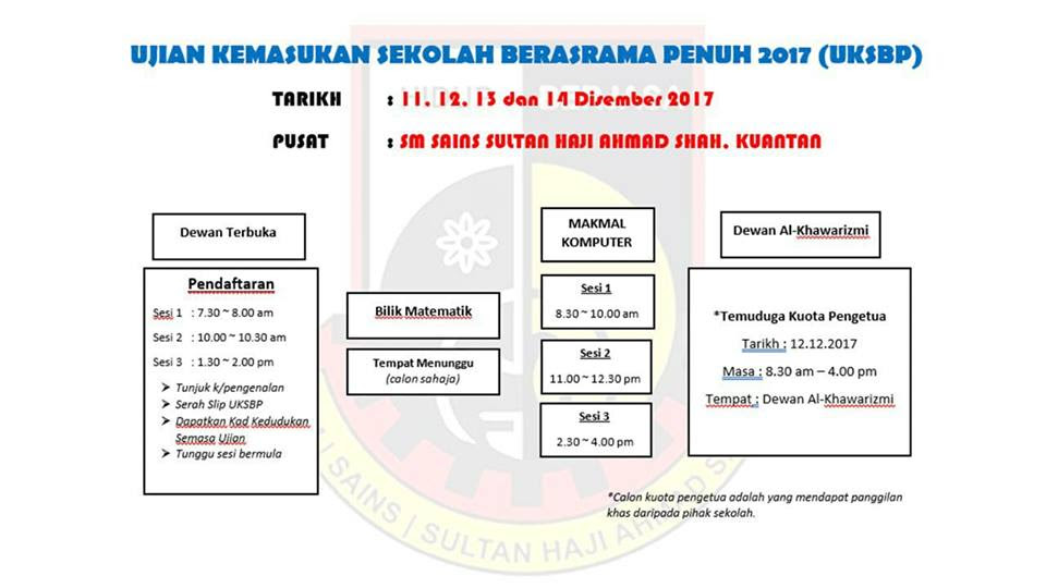 Untuk permohonan kemasukan ke sekolah berasrama penuh, boleh rujuk permohonan sbp. Portal Rasmi Sm Sains Sultan Haji Ahmad Shah Semsas Kuantan Ujian Kemasukan Sekolah Berasrama Penuh Uksbp Di Semsas