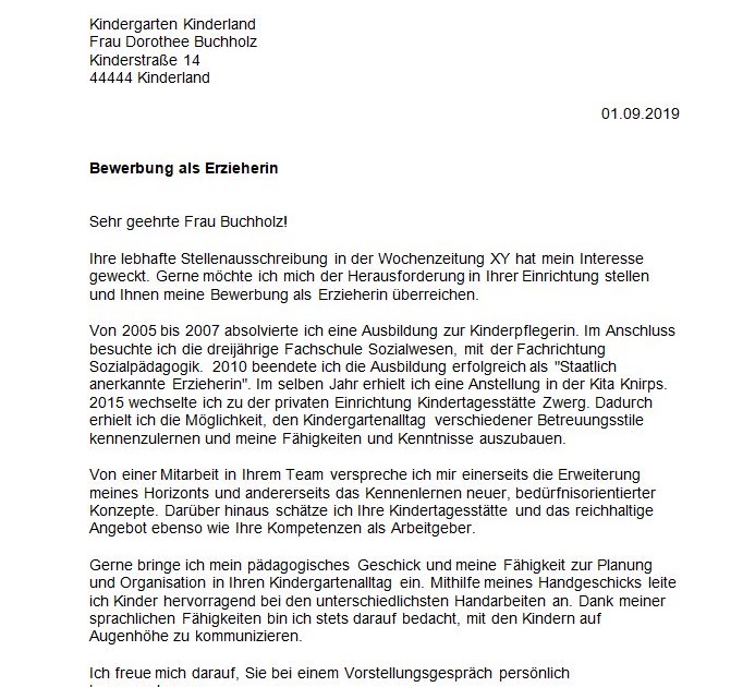 Bewerbung Praktikum Kindergarten Sozialassistentin Muster ...